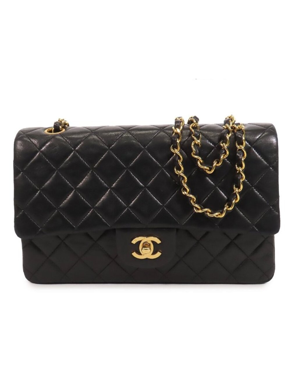 Chanel Chain Black Gold Lambskin Quilted 25 Double Flap Shoulder Bag Vintage